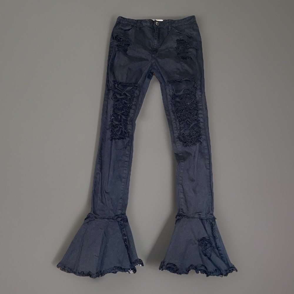 Aphrodite Womens High Rise Skinny Flares Stretch Ripped Black Jeans 11 (30)